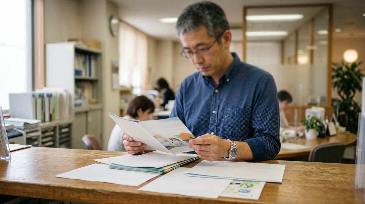 オフィスのカウンターでパンフレットを読む眼鏡の男性